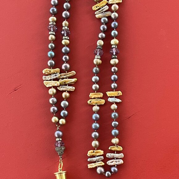 Hand Knotted Mixed Pearl Necklace with Hourglass Pendant, Long, Boho - Picture 5 of 5